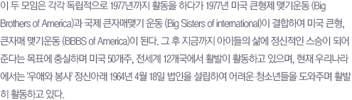 �� �� ������ ���� ���������� 1977����� Ȱ���� �ϴٰ� 1977�� �̱� ū���� �α� (Big Brothers of America)�� ���� ū�ڸŸα� � (Big Sisters of international)�� �����Ͽ� �̱� ū��, ū�ڸ� �α� (B.B.S of America)�� �ȴ�. �� �� ���ݱ��� ���̵��� � �������� ������ �Ǿ��شٴ� ��ǥ�� ����ϸ� �̱� 50����, ������ 12�������� Ȱ���� Ȱ���ϰ� ������, ���� �츮���󿡼��� '��ֿ� ����' ���žƷ� 1964�� 4�� 18�� ������ �����Ͽ� ����� õ�ҳ���� �����ָ� Ȱ���� Ȱ���ϰ� �ִ�.